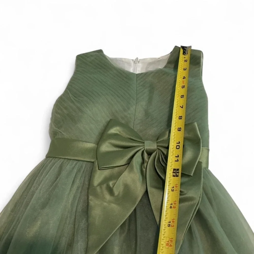 Unbranded Formal Gown Kids 10-12 yrs Sage Green Wedding Sequin Tulle Bow Dress - Picture 5 of 8